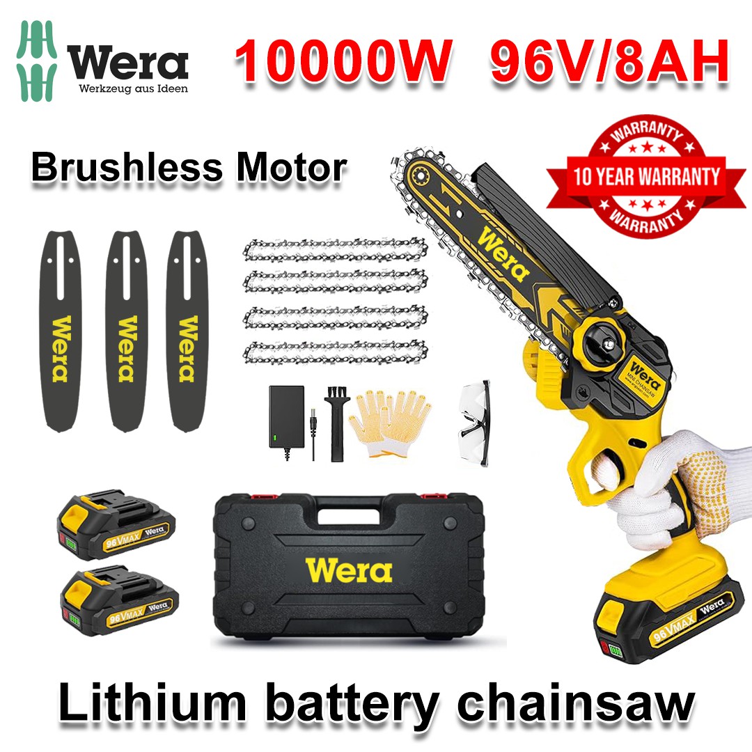 [Versión mejorada/10 años de garantía] Sierra eléctrica de litio de 10 pulgadas y 10000 W, batería de 96 V*2, cargador, placa guía*3, cadena*4, caja de herramientas, grasa y gafas, potente motor para corte de piedra de alto rendimiento