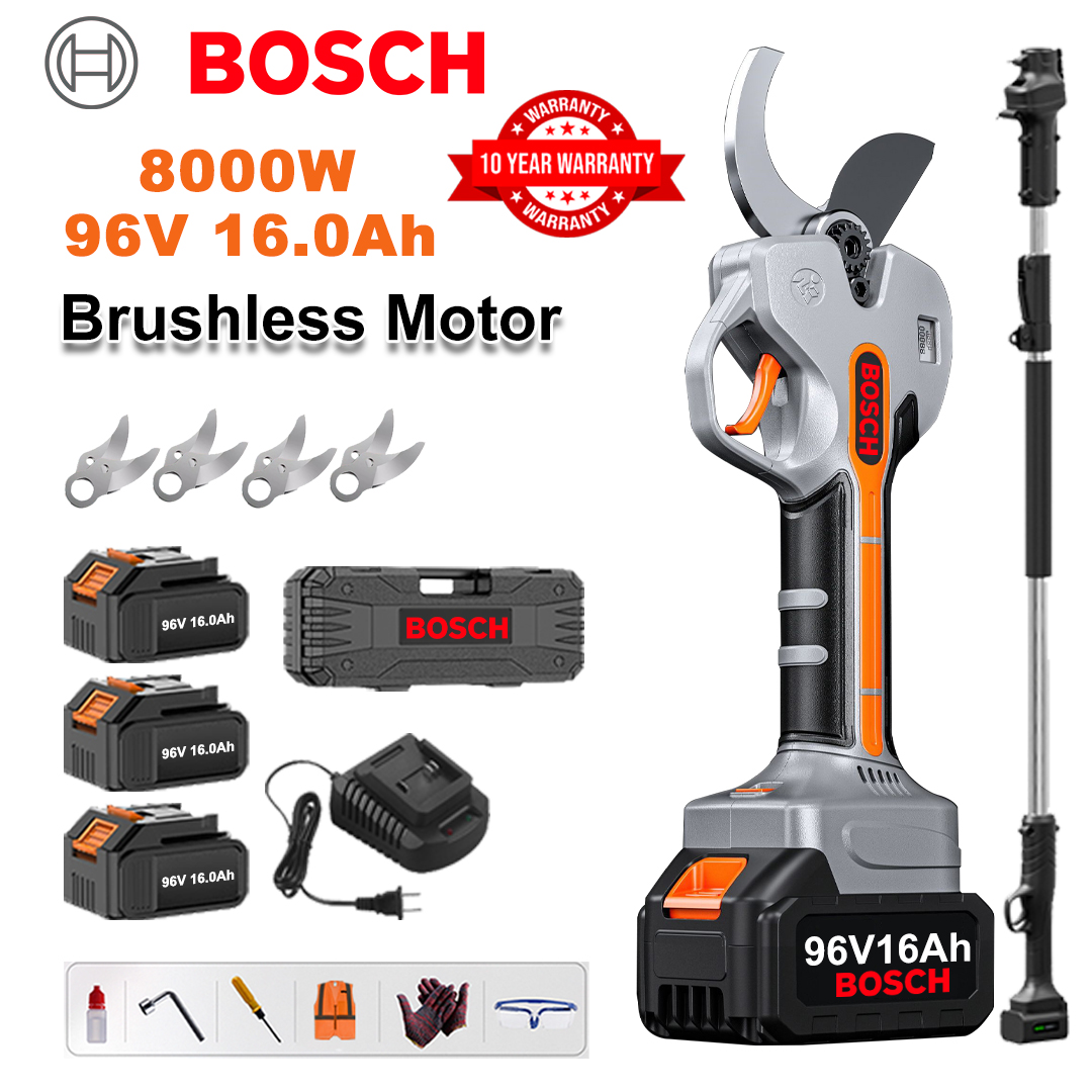 [Varilla de extensión de 1,5-5 m] Tijeras de podar de litio sin escobillas de 8000 W + 3 baterías de 96 V y 16 Ah + 4 cuchillas de aleación Sk9 + Cargador + Pantalla LED de potencia + Caja de herramientas + Aceite lubricante + Gafas protectoras + Garantía de 10 años